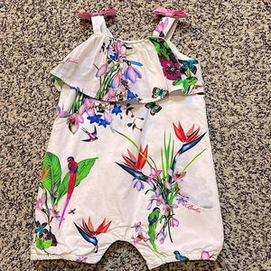 Baker by Ted Baker Tropical Print Baby Bubble Romper with Pink Bows on Shoulders
